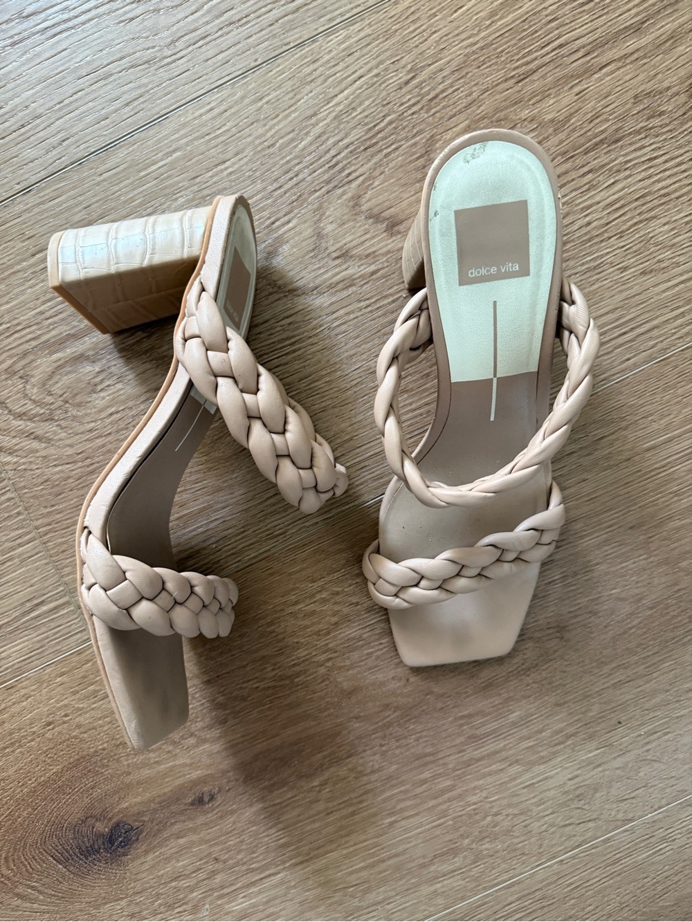 Dolce Vita Braided Double-Strap Block Heel Sandals in Beige